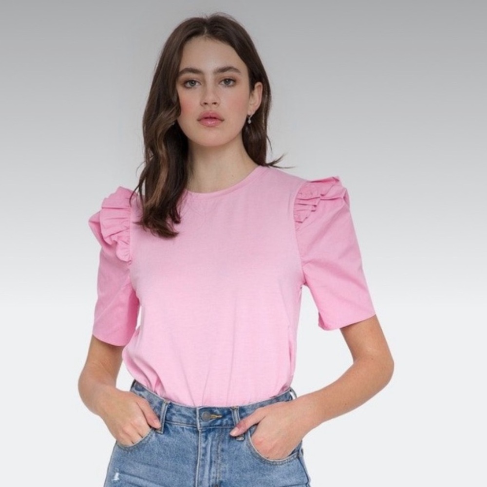 English Factory sz S Pink Poplin Puff Ruffle Sleeve Top Tee coquette romantic